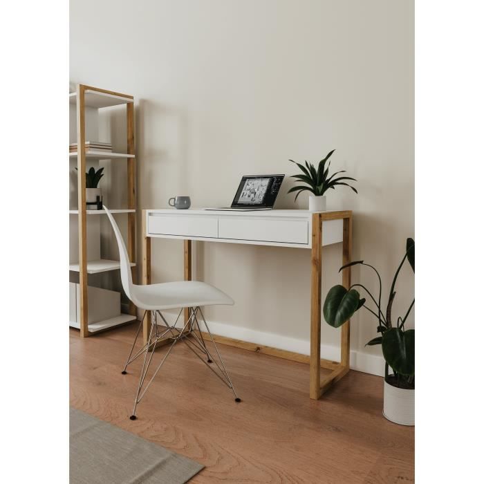 Console Bureau - DENVER - Chêne artisan / Blanc - 2 tiroirs - 100 x 35 x 75 cm