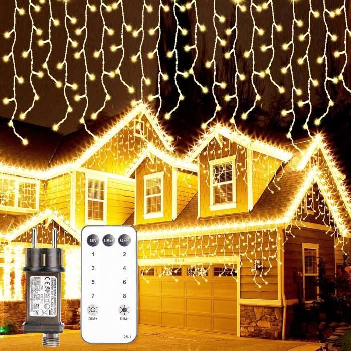 Guirlande Lumineuse Extérieure Noël,10M 200 LED Rideau Lumineux Noël Extérieur Solaire Avec 8 Modes Et Télécommande, Blanc Chaud - Maison