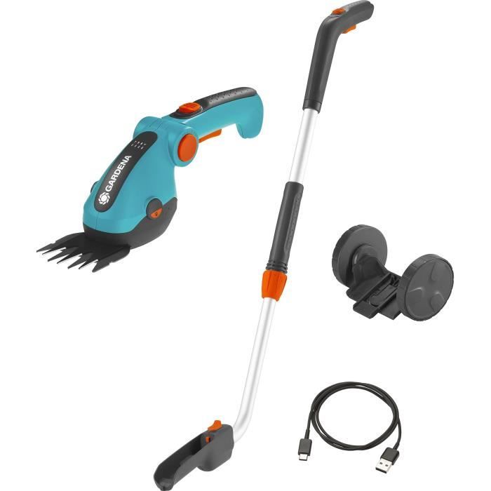 Kit cisaille à gazon ComfortCut Li + manche télescopique + roues 3 6 V3 0 Ah Protection de lames Câble USB C 9889