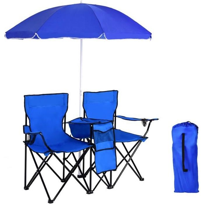 GIANTEX Chaise de Camping Pliante 2 Place avec Parasol,Avec Porte-Gobelet,Poche Isotherme,Fauteuil Jardin Portable,Charge 270KG,Bleu
