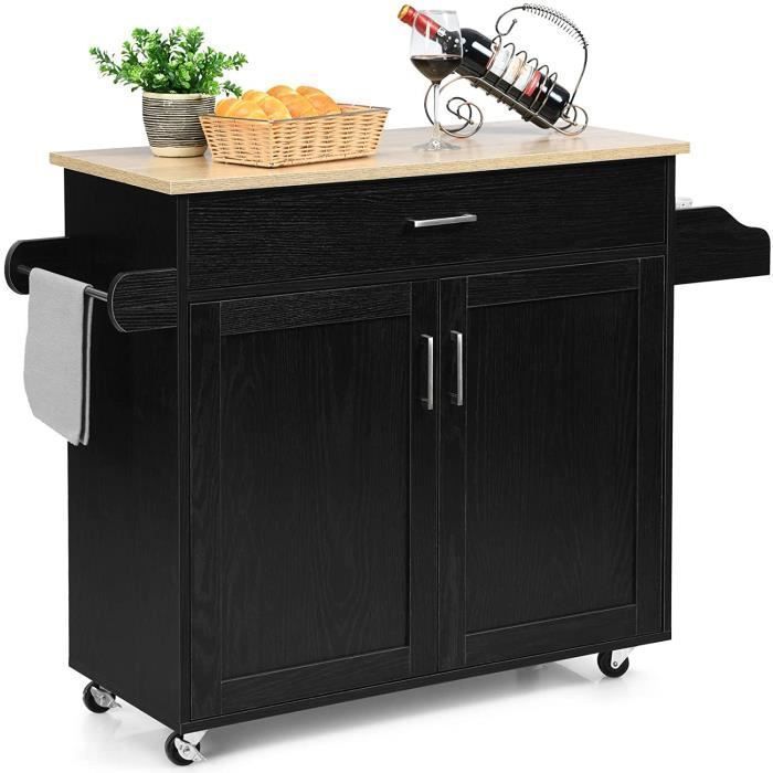 GOPLUS Desserte de Cuisine à roulettes avec 2 Étagere 1 tiroirs Chariot de Rangemant avec Porte-Serviettes pour Cuisine Salon Noir