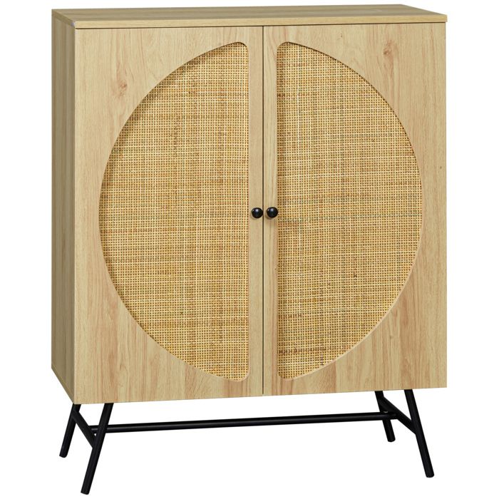 Meuble de rangement - HOMCOM - buffet haut aspect bois et cannage design 2 portes mobilier - bois - 80x39x1018cm - naturel