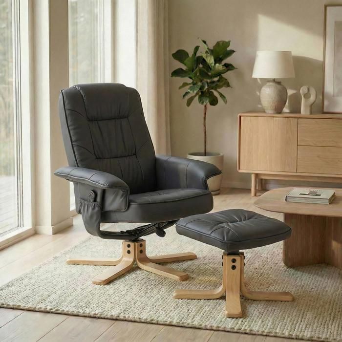 Fauteuil de relaxation CHARLY avec repose-pieds pouf siège pivotant dossier inclinable assise rembourrée relax en synthétique gris Fauteuil de relaxation CHARLY avec repose-pieds pouf siège pivotant dossier inclinable assise rembourrée relax en synthétique gris