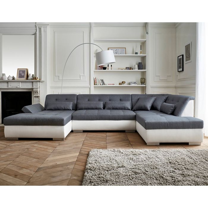 vermont canape d angle panoramique en u en simili et tissu droit couleur blanc gris achat vente canape sofa divan cdiscount