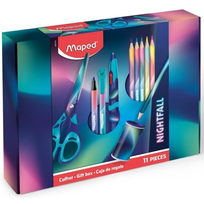 Maped - Coffret Nightfall - 11 produits - ciseaux, taille-crayons, feutres, stylo 4 couleurs, graphite et crayons de couleur