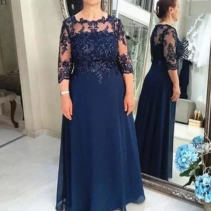 Robe Robe mere de la mariee elegante bleu marine en mousseline de soie grande taille manches 3 4 avec des appliques Marine Bleu Blanc Cdiscount Pret a Porter