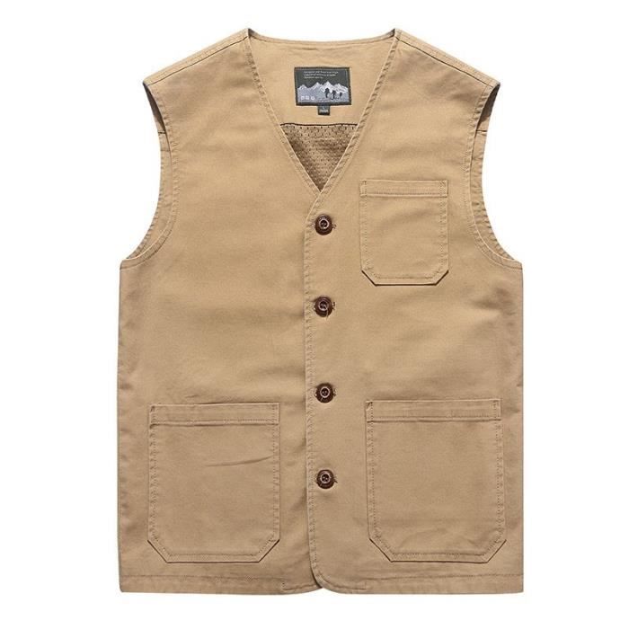 Gilet Multi poches en Coton Homme Veste Sans Manches Col V Couleur Unie Kaki Kaki Cdiscount Pret a Porter