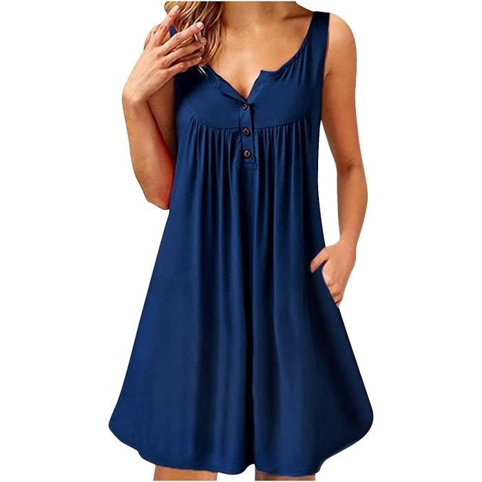 Robe Tunique Femme Élégante Col Rond Uni Avec Poche - Robe D'Été Loose Mince Et Confortable Pour Sorties & Fêtes