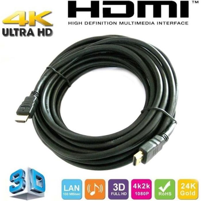 Cable HDMI 10m compatible ARC CEC HEC pour TV 3D 4K LCD OU PLASMA
