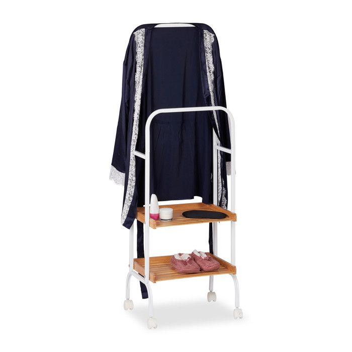 Relaxdays Valet de chambre serviteur portant roulettes 2 surfaces serviettes métal bambou 129x42x32 cm blanc