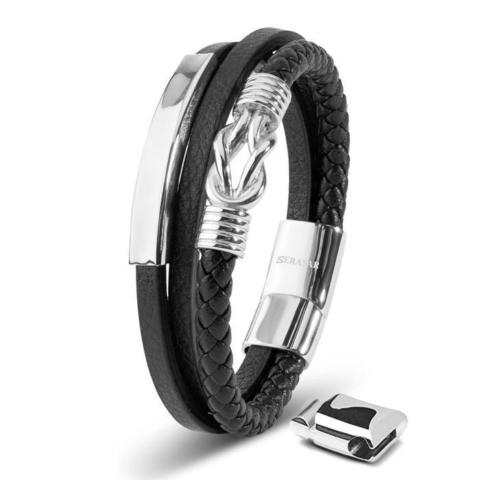 Bracelet Homme en Cuir SERASAR B040-23 Argent Bracelet élégant avec fermoir magnétique cadeau parfait pour mari ou petit ami