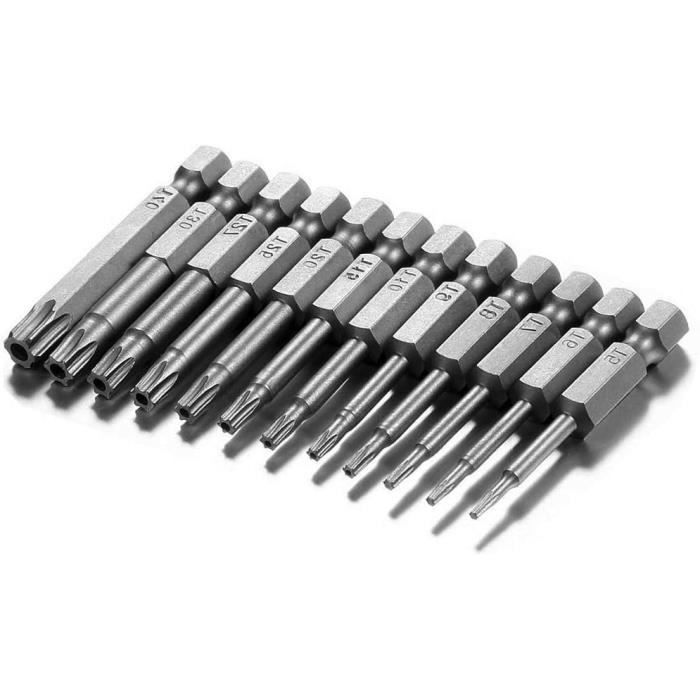 Lot De 11 Embouts Tournevis Torx Magnétiques 6.35mm (1/4") - Acier S2, Longueur 63.5mm, Marque Fixinus