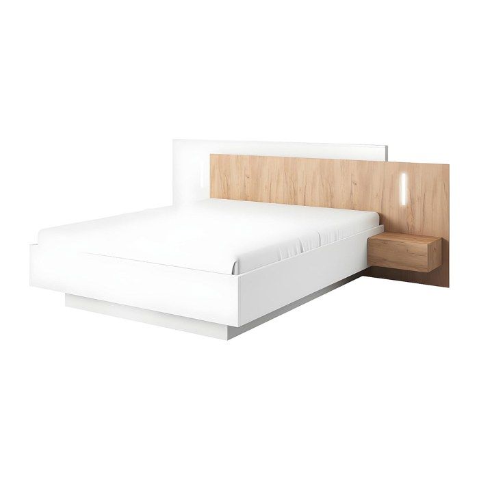 Lit avec chevets 160 x 200 cm - 2 tiroirs - Avec LEDs - Coloris : Blanc et naturel - FRANCOLI