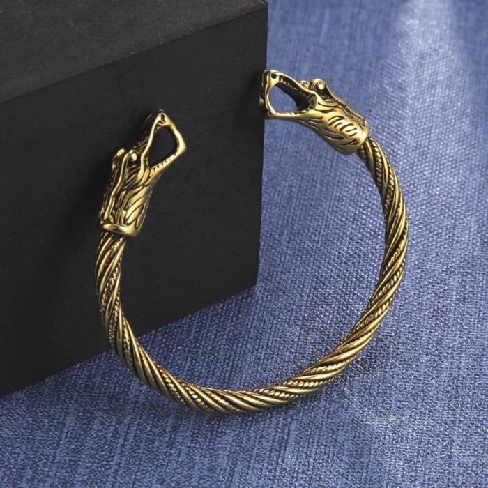 Bracelet Viking En Alliage Avec Têtes De Loup - Style Pagan Norse, Couleur Argent Ancien, Réglable
