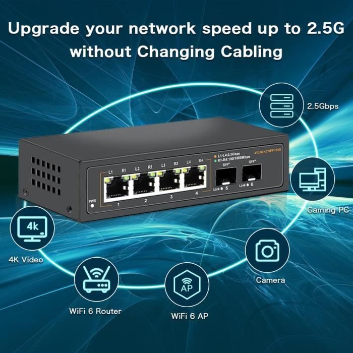 Davuaz Commutateur Ethernet 2.5G Non administré avec 4 Ports 2.5G