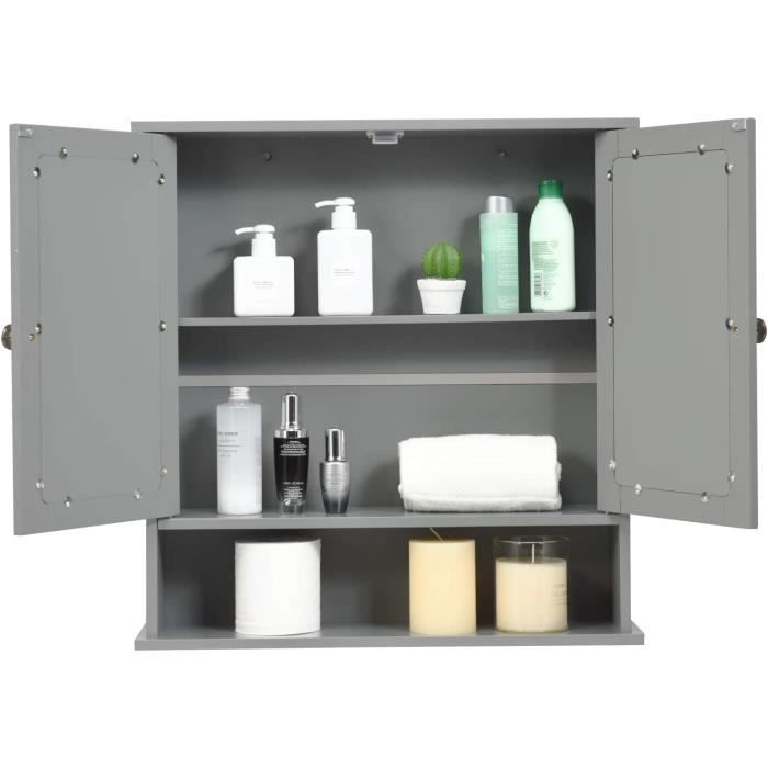 Armoire Murale Salle De Bain Avec Miroir - 3 étagères Dont 1 Réglable, 2 Portes, Blanc 56x13x58 Cm