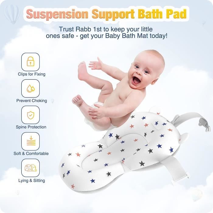 Rabb 1st est une baignoire pour bébé pliable. La baignoire pour bébé  convient aux nouveau-nés aux tout-petits et dispose d'un tapis antidérapant  et de trous de drainage. (pas de thermomètre !) 