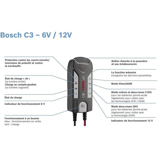 Bosch c3 Chargeur 6v 12v Batterie Chargeur de batterie voiture moto 018999903m