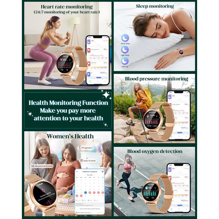 Montre Connectée Femme Smartwatch 1.27'' HD Étanche - Répondre Aux Appels, Podomètre, Fréquence Cardiaque, Sommeil