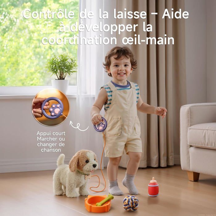 Chien Robot Réaliste 23 Cm - Marche, Aboie, Remue La Queue - Télécommande Et Commande Vocale - Avec Laisse, Gamelle, Balle, Os, Collier Et Lunettes - Cadeau Enfant 3-7 Ans