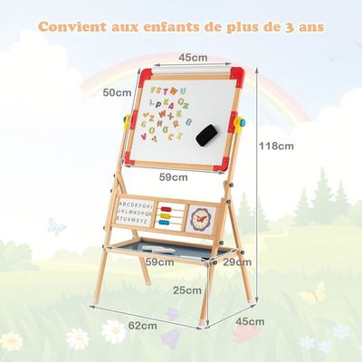 Chevalet en bois pour enfants, tableau blanc/noir double face, tableau noir sur pied réglable en hauteur, avec rouleau de papier et étagère | Leroy Merlin