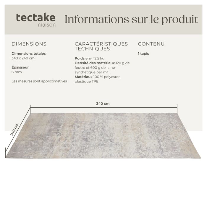 Teppium Tapis de Salon en Beige 240x340 cm tapis à boucles mélangées uni moderne tapis décoratif facile d'entretien doux - Maison