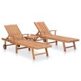 Chaise longue en bois de teck massif Haut de gamme® - Lot de 2 avec table - Marron-0