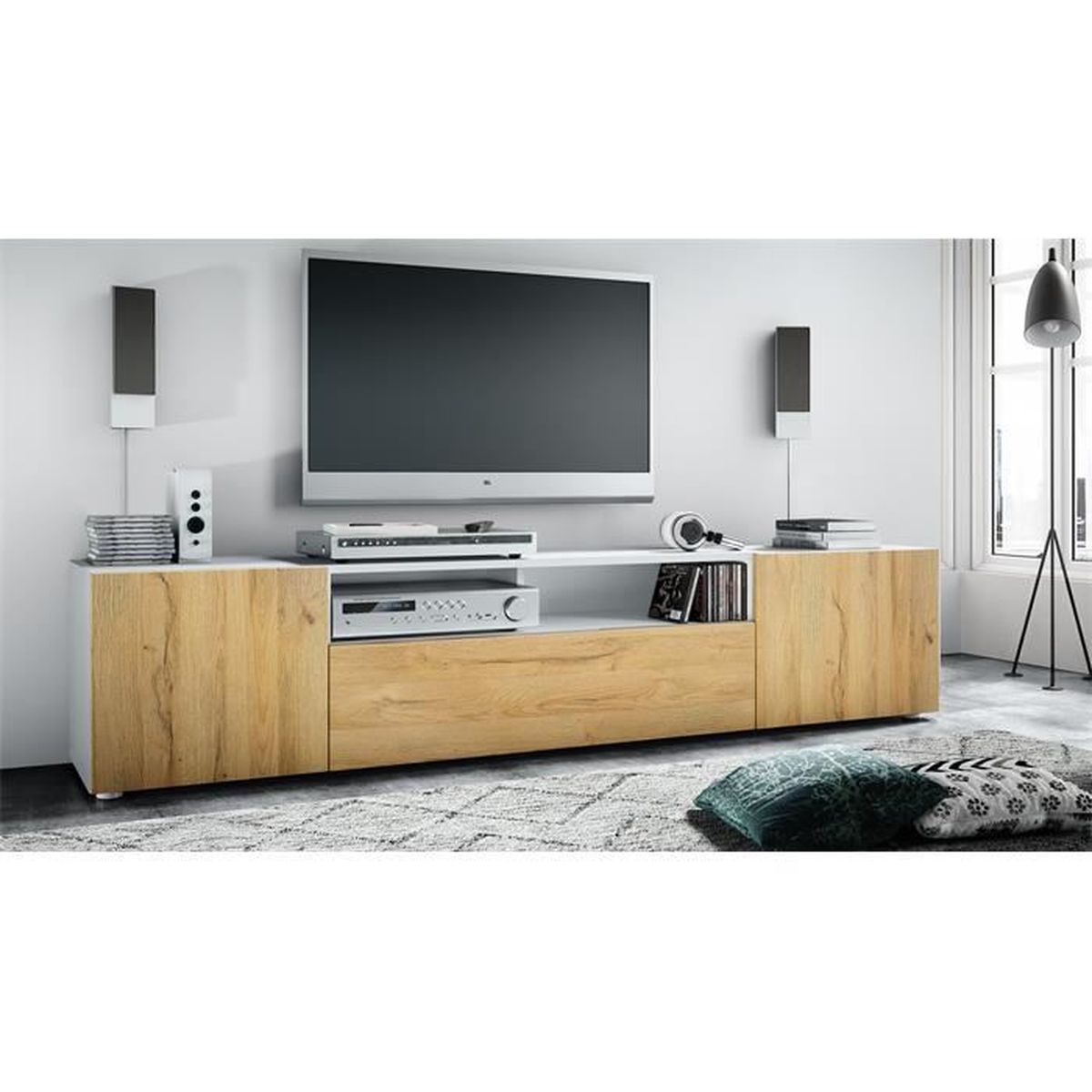 Meuble TV PerGar 150 Cm – 2 Portes, étagères Ouvertes, Couleur Bois Naturel, Pour Téléviseur Jusqu’à 65 Pouces, Salon Ou Chambre