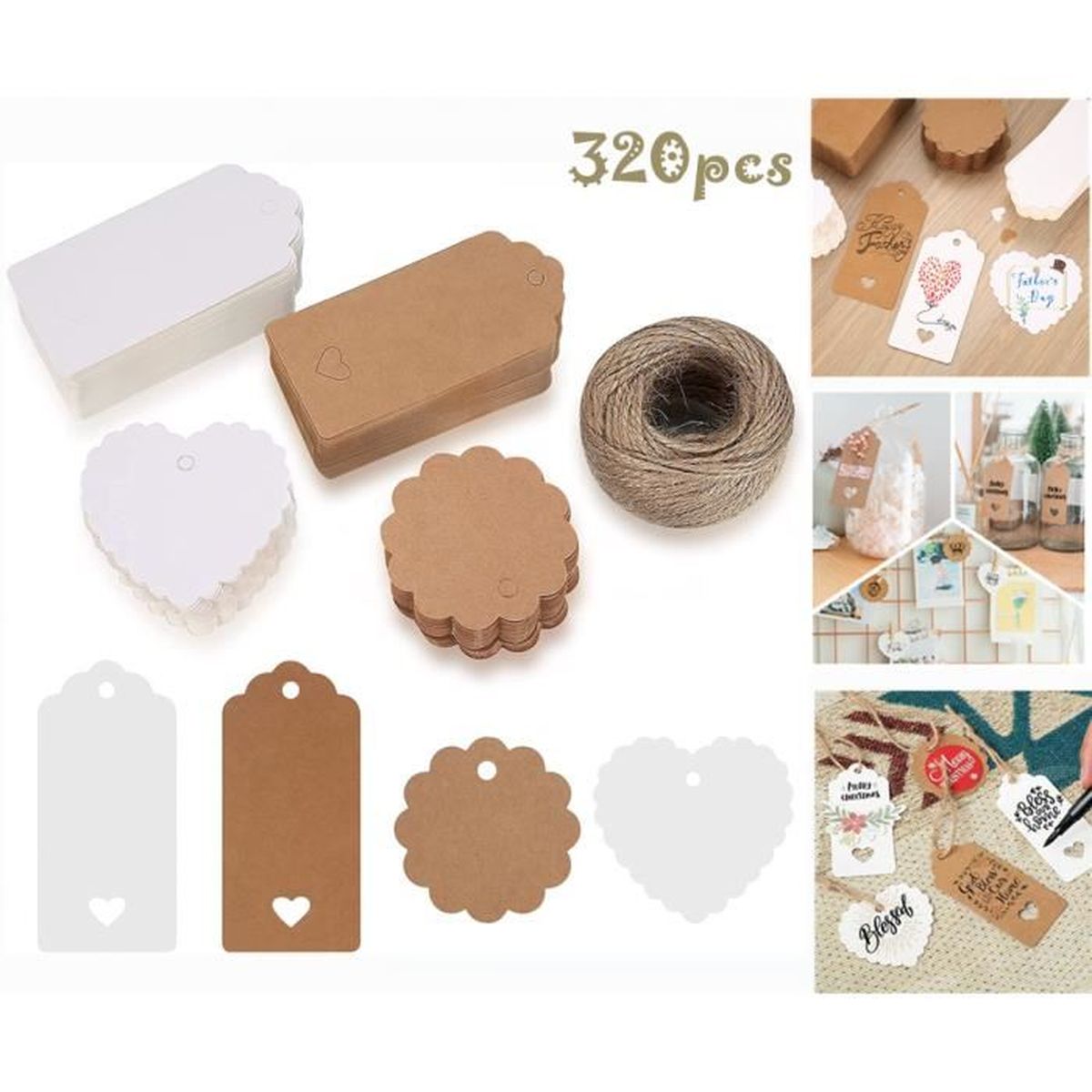 100 étiquettes Cadeaux En Papier Kraft – 4,5x9 Cm, Avec Ficelle – Pour Mariage, Anniversaire, Rangement – Côté Cœur Ou Uni