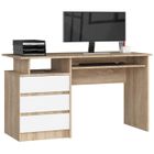 Bureau d'ordinateur AKORD CLP Chêne Sonoma 135 cm 3 tiroirs façade Blanche 2 étagères 135x60x77 cm