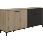 Buffet L180 x P40 x H81 cm - TRUST - Chêne / Noir - 4 portes - 1 tiroir - GAMI