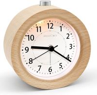 Réveil analogique sans tique, réveil en bois avec fonction snooze, horloge de table de nuit avec veilleuse