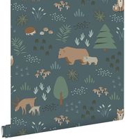 ESTAhome papier peint forêt avec des animaux de la forêt bleu gris, vert et beige - 0,53 x 10,05 m - 139248