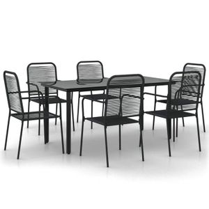 Ensemble table et chaise de jardin Ensemble a dîner salon de jardin meuble d exterieur 7 pieces noir corde de coton et acier noir