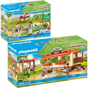FIGURINE - PERSONNAGE Playmobil Country - Box de poneys et roulotte + Randonneurs et animaux - 149+55 pièces