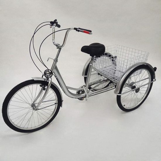 24 Tricycle Adulte Argente 3 Roues 6 Vitesse Velo Tricycle Adulte Bicycle Trike Cruise avec Basket et Lampe Cdiscount Sport