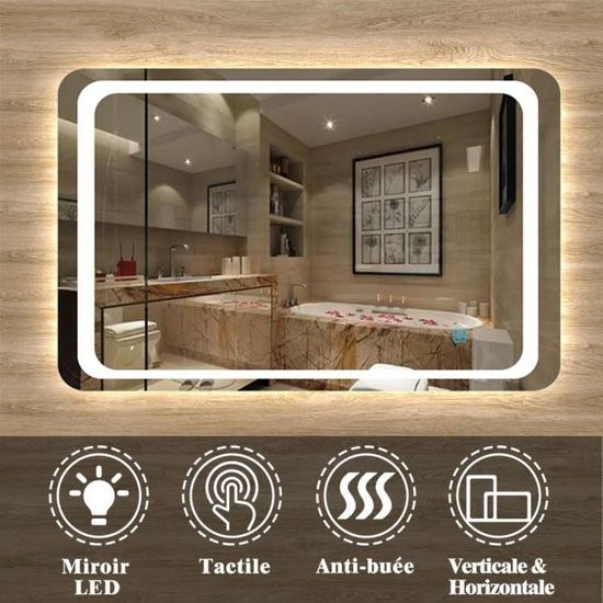 Miroir Salle De Bain LED Anti-buée 100x60 Cm - IP44, Interrupteur Tactile, Mémoire, Arrêt Auto 3h - 6500K