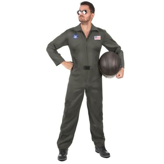 Déguisement de pilote d'avion homme - M - Combinaison kaki avec écussons et lunettes aviateur