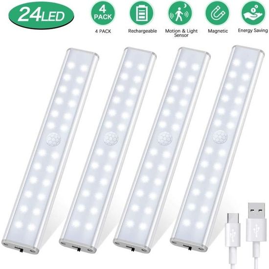 Lampe de Placard 24 LED - 4 Modes d’Éclairage - Détecteur de Mouvement - Rechargeable par USB - 4 pièces