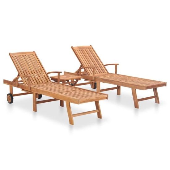 Chaise longue en bois de teck massif Haut de gamme® - Lot de 2 avec table - Marron