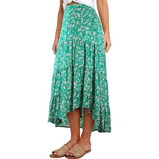 Longue Jupe Femme Boho Imprimé Floral Taille Haute - Élégante Jupe Plissée A-Line Pour Été Et Plage