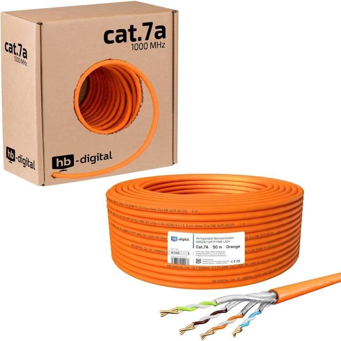 Câble Réseau CAT 7 Premium X 100m - S/FTP PiMF PoE | Ethernet 10 Gigabit | Câble LAN Orange Installation
