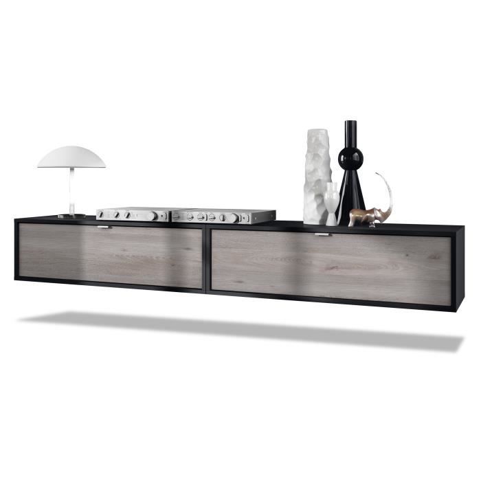 Vladon Ensemble de 2 set meuble TV Lana 100 armoire murale lowboard 100 x 29 x 37 cm caisson en noir mat façades en Chêne