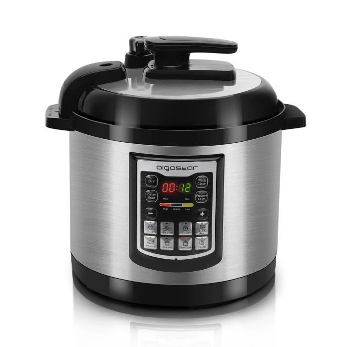 Aigostar Mila – Autocuiseur multifonction. 6L, 1000W, grand écran LED. 8 préprogrammes, manuel et maintien au chaud. Acier inox.