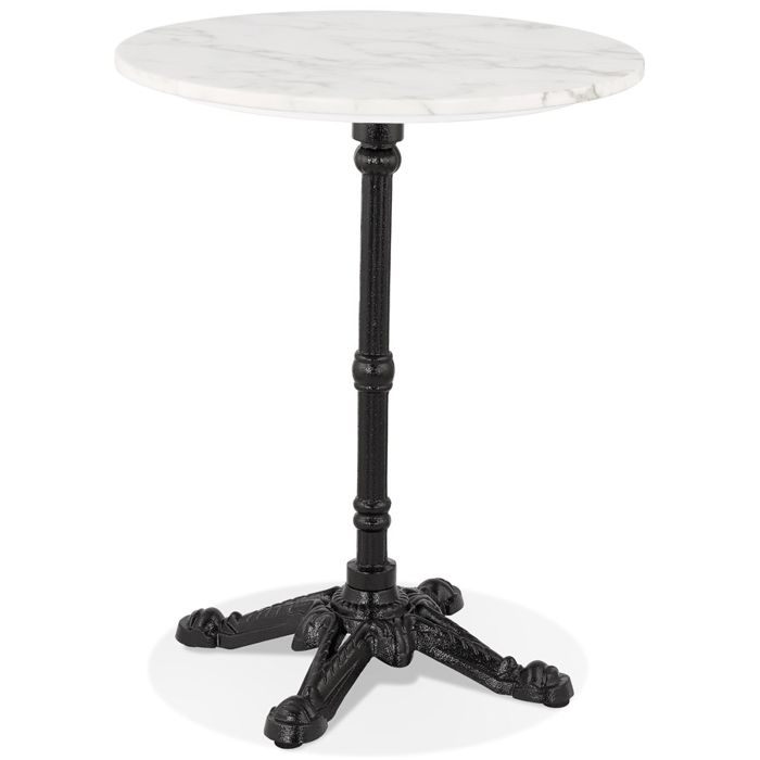 Petite table bistrot ronde 'MARAY' style rustique en marbre blanc et métal noir - Ø 60 cm