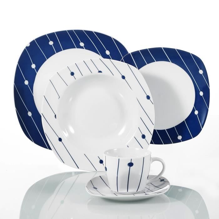 VEWEET 'Dot',Service de table en porcelaine - 30 pièces Service combiné, set de vaisselle, blanc bleu