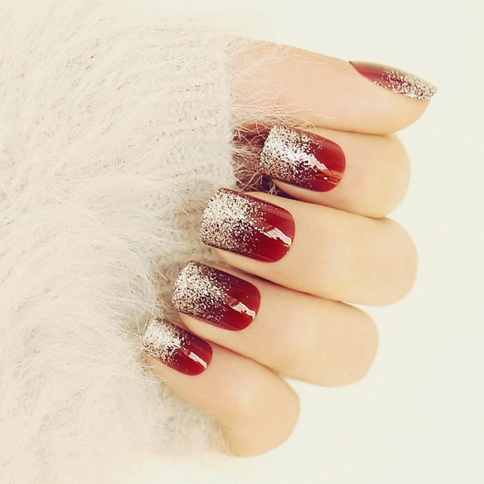 24PCS Nail art Red Wine Silver False French Nail Tips Couverture complète UV Gel Fake Tips Art