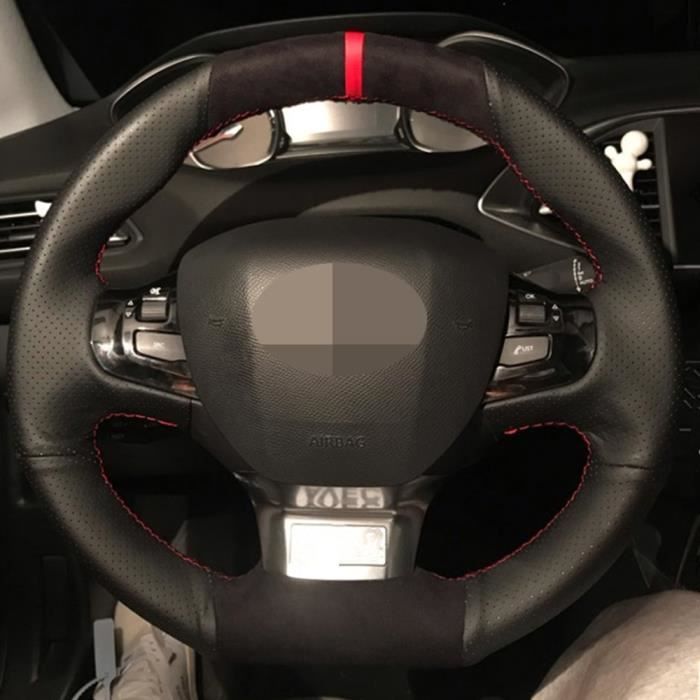 Housse de volant de voiture en cuir véritable noir cousu main pour Peugeot 308 2014 2015 2016 2017 Yellow Thread
