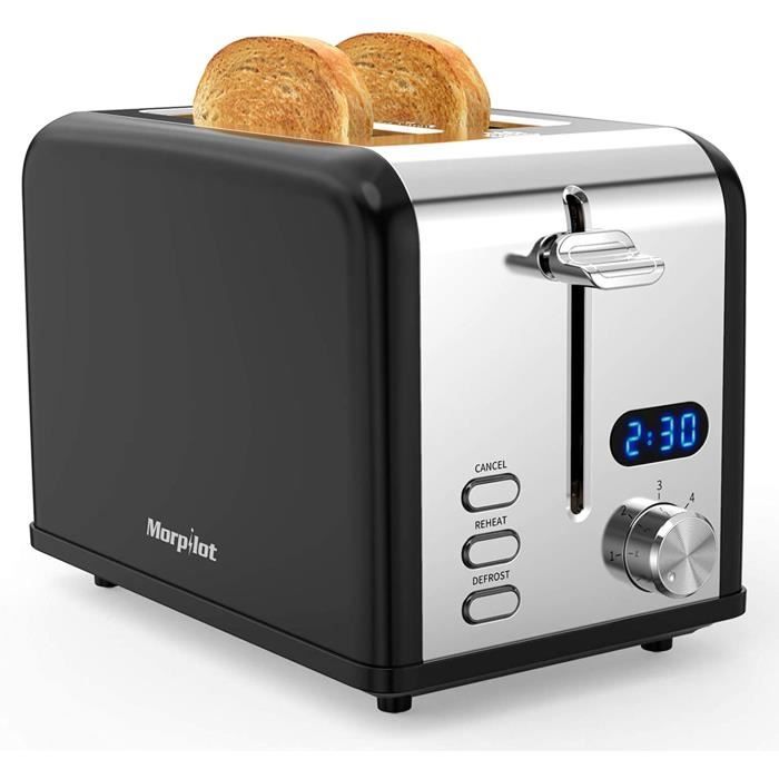 GRILLE-PAIN Morpilot Grille Pain Noir et Inox Toaster Grilles Pain 2 Fentes Larges avec Chauffe Viennoiserie, Affichage LED, 17