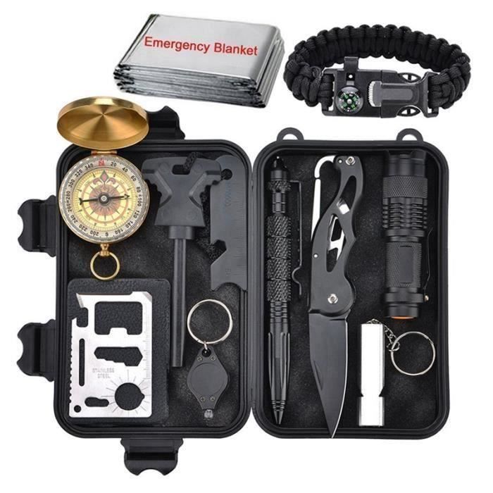 Kit de survie 11 en 1, Outil de survie en plein air avec bracelet de survie, couteau pliant, boussole, couverture d'urgence, Bo18207